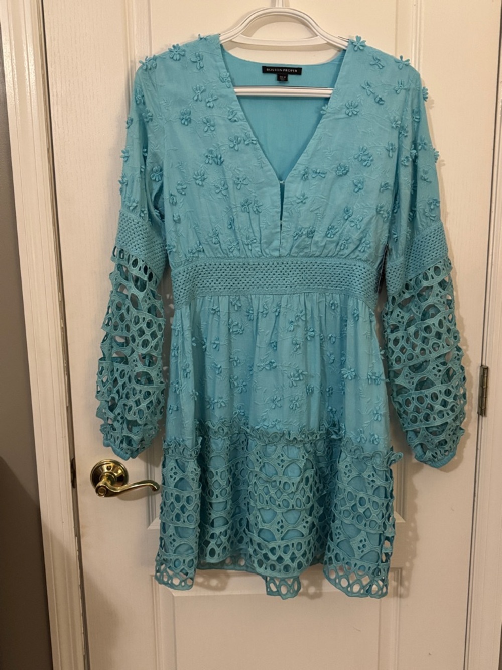 Boston Proper Turquoise Crochet Lace Long Sleeve Mini Dress